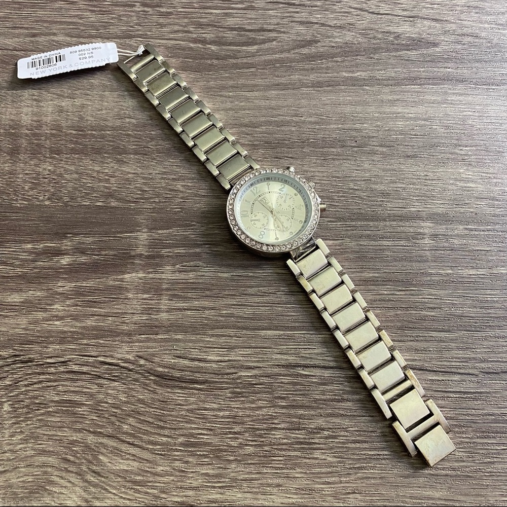 NWT New York & Company Silver Metal Link Crystal Rhinestone Dial Watch